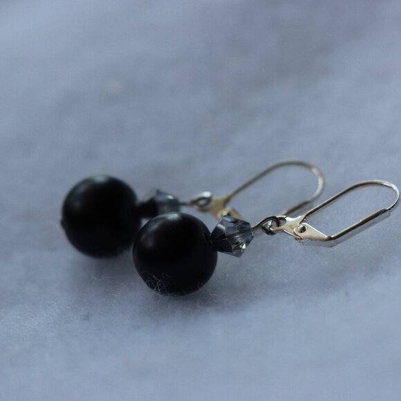 Matte black pearl beaded unique drop earrings, used great condition - Picture 2 of 3